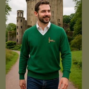 90s BLARNEY CASTLE GREEN WOOL V-NECK SWEATER JUMPER EMBROIDERED IRELAND APPLIQUE